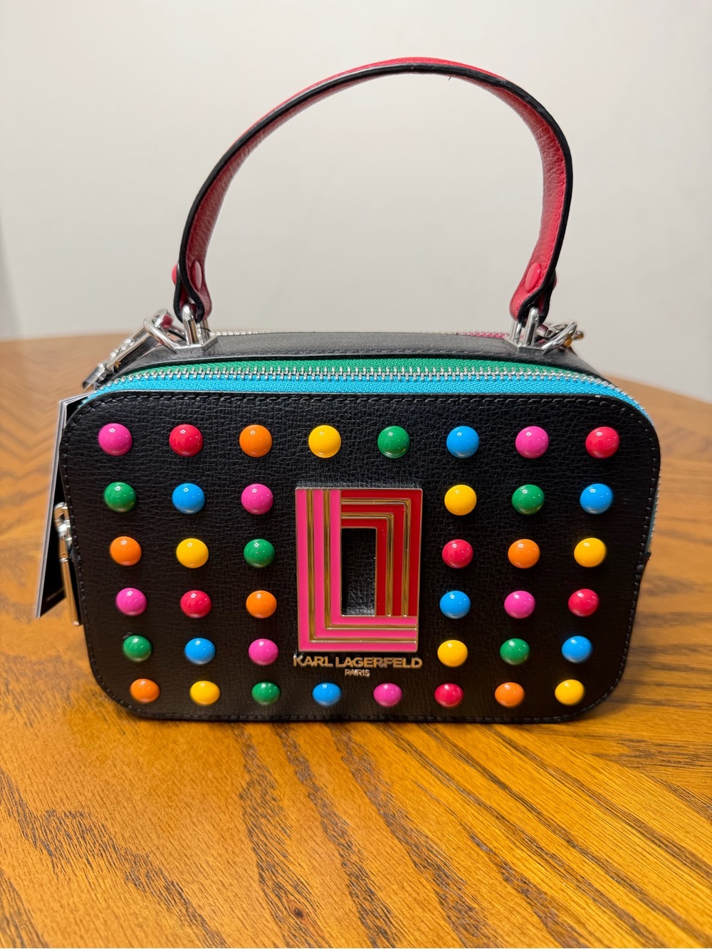 Karl Lagerfeld Black Studded Crossbody w/Top-Handle Bag with Multicolor Accents